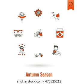 Set of Flat Autumn Icons. Simple and Minimalistic Style. Vector