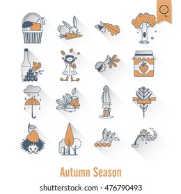 Set of Flat Autumn Icons. Simple and Minimalistic Style. Vector