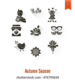 Set of Flat Autumn Icons. Simple and Minimalistic Style. Vector