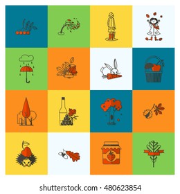 Set of Flat Autumn Icons. Simple and Minimalistic Style. Vector