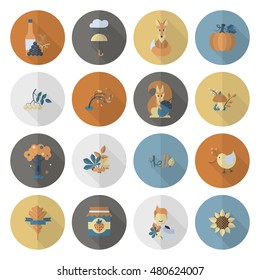 Set of Flat Autumn Icons. Simple and Minimalistic Style. Vector