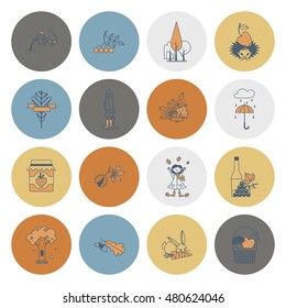 Set of Flat Autumn Icons. Simple and Minimalistic Style. Vector