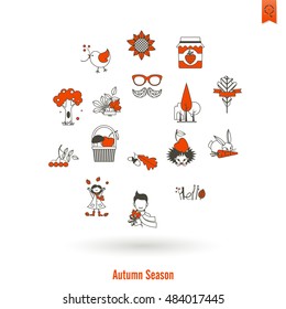 Set of Flat Autumn Icons. Simple and Minimalistic Style. Vector
