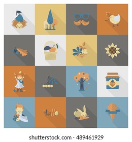 Set of Flat Autumn Icons. Simple and Minimalistic Style. Vector