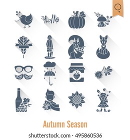 Set of Flat Autumn Icons. Simple and Minimalistic Style. Vector