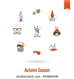 Set of Flat Autumn Icons. Simple and Minimalistic Style. Vector