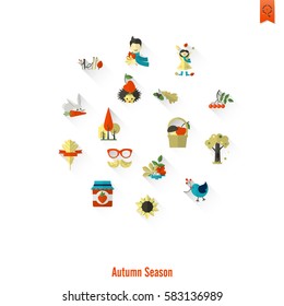 Set of Flat Autumn Icons. Simple and Minimalistic Style. Vector
