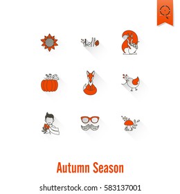 Set of Flat Autumn Icons. Simple and Minimalistic Style. Vector