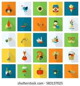 Set of Flat Autumn Icons. Simple and Minimalistic Style. Vector
