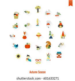 Set of Flat Autumn Icons. Simple and Minimalistic Style. Vector