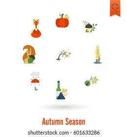 Set of Flat Autumn Icons. Simple and Minimalistic Style. Vector