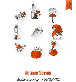 Set of Flat Autumn Icons. Simple and Minimalistic Style. Vector