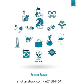 Set of Flat Autumn Icons. Simple and Minimalistic Style. Vector