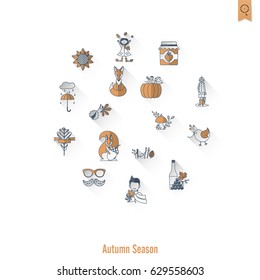 Set of Flat Autumn Icons. Simple and Minimalistic Style. Vector