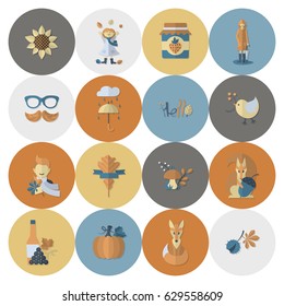 Set of Flat Autumn Icons. Simple and Minimalistic Style. Vector