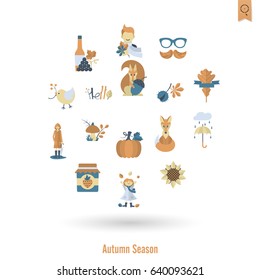 Set of Flat Autumn Icons. Simple and Minimalistic Style. Vector