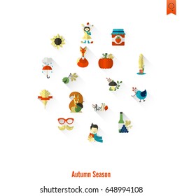 Set of Flat Autumn Icons. Simple and Minimalistic Style. Vector
