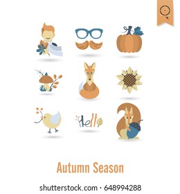Set of Flat Autumn Icons. Simple and Minimalistic Style. Vector