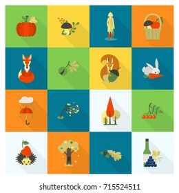 Set of Flat Autumn Icons. Simple and Minimalistic Style. Vector