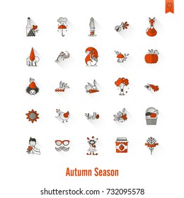 Set of Flat Autumn Icons. Simple and Minimalistic Style. Vector