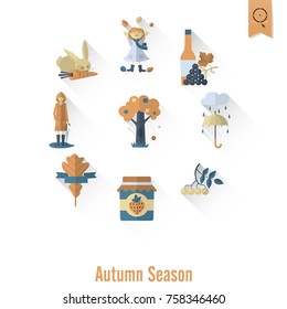 Set of Flat Autumn Icons. Simple and Minimalistic Style. Vector