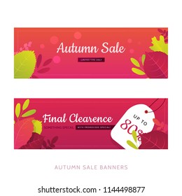 Set of flat autumn leaves banners with gradient on red background. Seasonal promotion with white tag