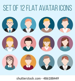 Set of flat avatar icons. Male and female people icons in front view. Simple illustrations of people face.