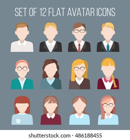 Set of flat avatar icons. Male and female people icons in front view. Simple illustrations of people face.