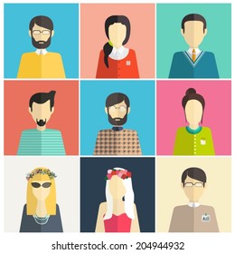 Set of flat avatar icons. Modern style dressed young people in a square window profile. Symbols for web and mobile apps and user interface, website pages.