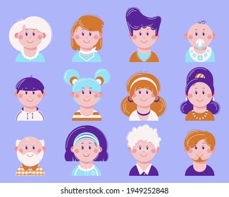 Set von flachen Avatar, Symbole.  Positive Gesichter von Männern und Frauen unterschiedlichen Alters.  Zeichentrickfiguren, helle Vektorgrafiken.