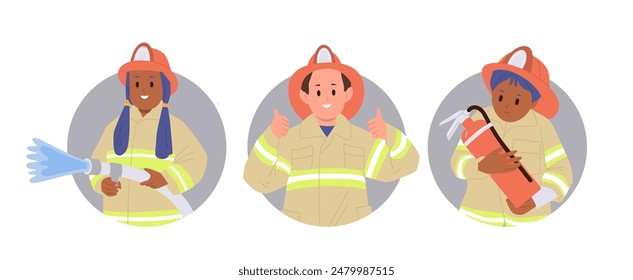 Conjunto de avatar plano de composición redonda con niños felices y valientes bomberos personaje de dibujos animados