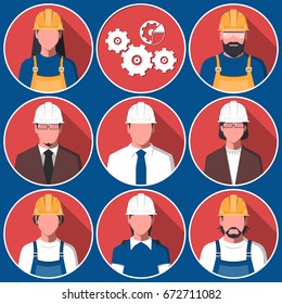 Set of flat avatars of men and women in hard hat. Male and female silhouettes of engineers for user profile picture. Engineering workers vector illustration.