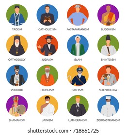 Set of flat avatars of people from world religions including shinto, christianity, voodoo, judaism isolated vector illustration