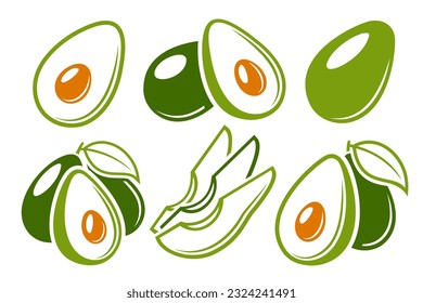 Set of flat avocado icons isolated on white background. Vector illustration
