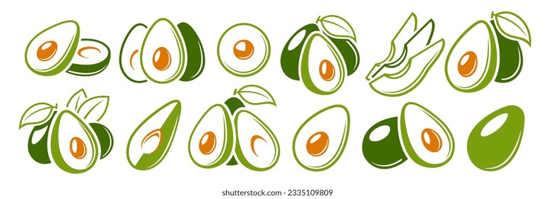 Set of flat avocado icons isolated on white background. Vector illustration