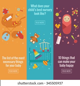 Set of flat baby care vertical banners with toys, baby, carriage, crib. Vector illustration for your design