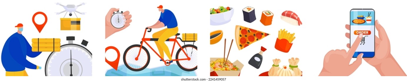 Set flat banner delivery service for cartoon mobile application, vector illustration. Food ordering and online menu, fast secure delivery by drone