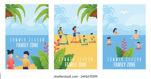 Set Flat Banner Summer Season Family Zone Cartoon. Fun Children Enjoy Vacation on Tropical Island. Parents with Children Walk Along Sand. Husband and Wife and Children Swim in Pond.