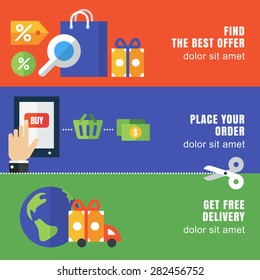 Set of flat banner template. Abstract vector background. Design concept for online shopping, e-commerce, store, customer service, delivery. 