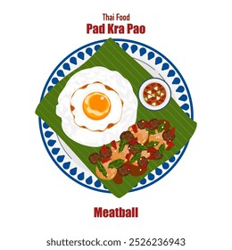 Conjunto de ilustrações de vetor de banner plano, comida deliciosa. Comida tailandesa, comida à la carte, manjericão frito com ovo frito "pad kra pao". Cozinhar a partir de vista superior, receita, menu, restaurante para design de alimentos.
