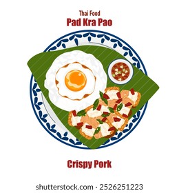 Conjunto de ilustrações de vetor de banner plano, comida deliciosa. Comida tailandesa, comida à la carte, manjericão frito com ovo frito "pad kra pao". Cozinhar a partir de vista superior, receita, menu, restaurante para design de alimentos.
