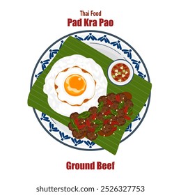 Conjunto de ilustrações de vetor de banner plano, comida deliciosa. Comida tailandesa, comida à la carte, manjericão frito com ovo frito "pad kra pao". Cozinhar a partir de vista superior, receita, menu, restaurante para design de alimentos.
