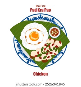 Conjunto de ilustrações de vetor de banner plano, comida deliciosa. Comida tailandesa, comida à la carte, manjericão frito com ovo frito "pad kra pao". Cozinhar a partir de vista superior, receita, menu, restaurante para design de alimentos.
