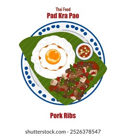 Conjunto de ilustrações de vetor de banner plano, comida deliciosa. Comida tailandesa, comida à la carte, manjericão frito com ovo frito "pad kra pao". Cozinhar a partir de vista superior, receita, menu, restaurante para design de alimentos.