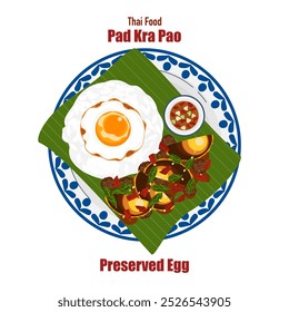 Conjunto de ilustrações de vetor de banner plano, comida deliciosa. Comida tailandesa, comida à la carte, manjericão frito com ovo frito "pad kra pao". Cozinhar a partir de vista superior, receita, menu, restaurante para design de alimentos.
