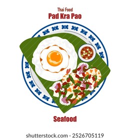 Conjunto de ilustrações de vetor de banner plano, comida deliciosa. Comida tailandesa, comida à la carte, manjericão frito com ovo frito "pad kra pao". Cozinhar a partir de vista superior, receita, menu, restaurante para design de alimentos.