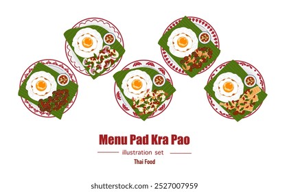 Conjunto de ilustrações de vetor de banner plano, comida deliciosa. Comida tailandesa, comida à la carte, manjericão frito com ovo frito "pad kra pao". Cozinhar a partir de vista superior, receita, menu, restaurante para design de alimentos.