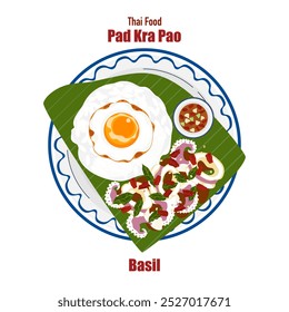 Conjunto de ilustrações de vetor de banner plano, comida deliciosa. Comida tailandesa, comida à la carte, manjericão frito com ovo frito "pad kra pao". Cozinhar a partir de vista superior, receita, menu, restaurante para design de alimentos.