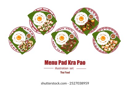 Conjunto de ilustrações de vetor de banner plano, comida deliciosa. Comida tailandesa, comida à la carte, manjericão frito com ovo frito "pad kra pao". Cozinhar a partir de vista superior, receita, menu, restaurante para design de alimentos.