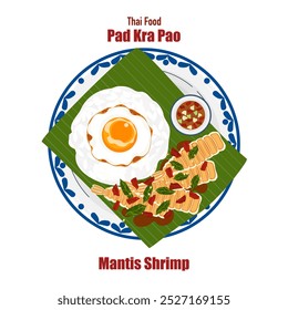 Conjunto de ilustrações de vetor de banner plano, comida deliciosa. Comida tailandesa, comida à la carte, manjericão frito com ovo frito "pad kra pao". Cozinhar a partir de vista superior, receita, menu, restaurante para design de alimentos.